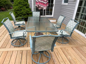 8 Piece Aluminum Outdoor Patio Set 6 Swivel Chairs Table And Umbrella With Stand Norman Wear And Tear