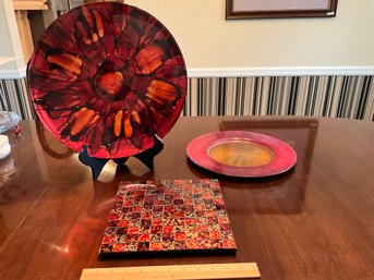 Great Lot - Large Red And Gold Decorative Plates And Mosaic Tray