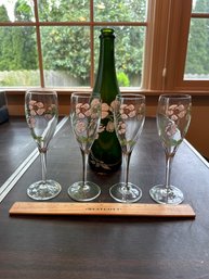 Set Of 4 Hand-painted Perrier-Jouet Belle Epoque Glass Flutes And Wine Bottle 1990s