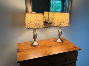 Set Of Two Silver Tone Table  Lamps With Silver Screen Print Fabric Drum Lamp Shades