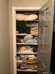 Contents Of Linen Closet, Assorted Size Sheet Sets, Throw Pillows, Towels, Pillows, And More