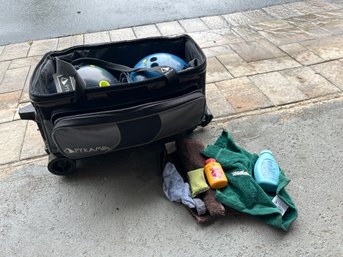 Rolling Bowling  Ball Bag With Two Balls Powder Towels And Rosen In Nice Condition