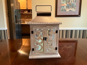 Pretty Large White Farmhouse Distressed Wood Glass Metal Cottage Lantern