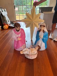 Vintage Empire Nativity 28 In Mary Joseph & Baby Jesus Blow Mold Plastic Lighted Plus 39in Nativity Star