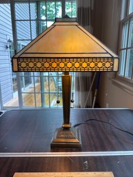 Vintage 21 Inch Stained Glass Table Library Or Office Lamp Dual Bulb Pull Chain Very Heavy Excellent