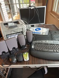 Desktop Computer Lot, Monitor, Printer, Speakers, Mice, Keyboards, And Wires