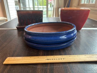 Lot Of Three Planter Pots Rectangle Brown Drip Glaze Oval Blue With Bottom Plate, And Red With Yellow