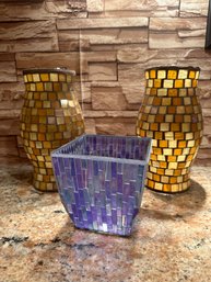 Mosaic Lot Matching Pair Iridescent Browns Mosaic Hurricane Shades Candle Holders And Blue Purple Flower Pot