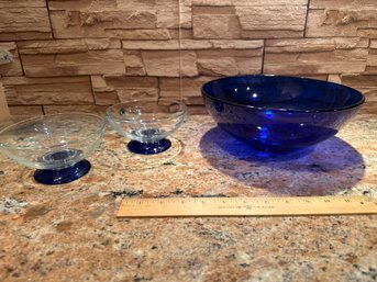 Large Blue Bowl And Two Small Clear Bowls Blue Footed