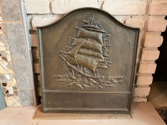 Antique Nautical Cast Iron Full Sail Ship Fireplace Insert Back Plate - VERY HEAVY