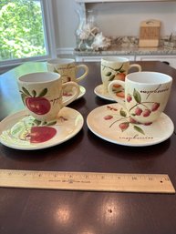 Set Of 4 Pier One PROVENCE Dessert Plates And Coffee Cups Mugs APPLE PEAR RASPBERRY ORANGE Orchard Fruit