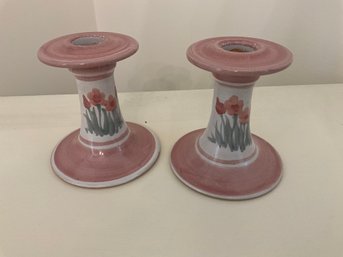 Vintage RFP Pottery Company Hand Painted Candlesticks Taper Candle Holders