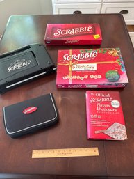 Scrabble Players Lot Original Travel Holiday Edition Diamond Edition And Player Dictionary All Look Complete