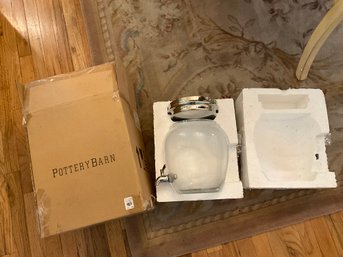 Pottery Barn Small Glass, Drink Dispenser With Turquoise Ceramic Base In Original Box