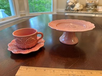 Bordallo Pinheiro Pink Small CUTE Pedestal CupCake Stand  And Cup And Saucer