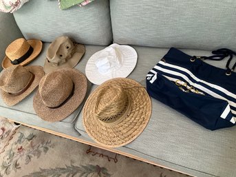 Lot Of Ladies, Summer Hats, And Tote Bag