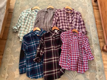 Lot Of Six Ladies Plaid And Flannel Button-down Shirts, Size, Medium, And Large