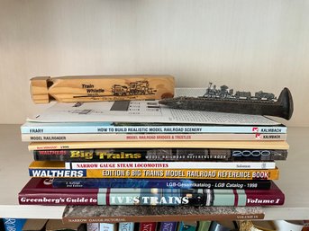 Lot Of Train Books And Catalogs With The Train Whistle And Pewter Train Figurine