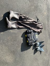 Field And Stream Waders Size 11 A Set Of Forcefin Swim Finns And An XL Body Glove Boating Vest