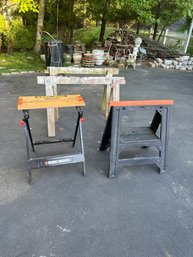 Lot Of Saw Horses One Black And Decker Adjustable Workmate Two Wood Horses And One Plastic Foldable