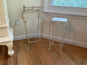 Set Of Two Vintage Painted Metal Plant Stands Square 20 Inch And 26 Inch