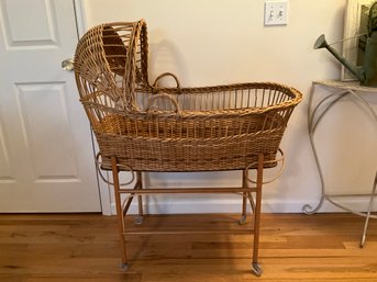 Beautiful Vintage  Wicker, Rattan Baby Bassinet Crib With Handles On Wheels