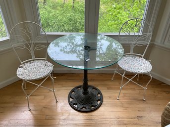 Vintage Metal Base Table With Glass Top And Cast Iron Chairs Bistro Set