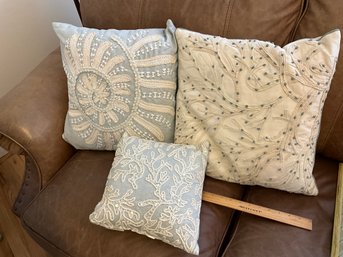 3 Beautiful Throw Pillows, Light Blue And Cream, And Blue And White