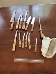 Vintage 11 Piece Chicago Cutlery Knife Knives With Wood Handles Plus Sharpener And Sharpen Stone