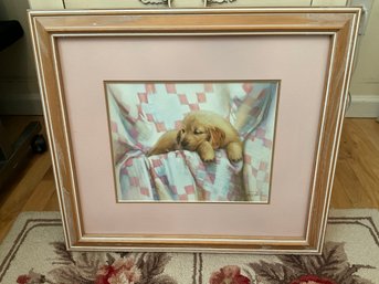 Custom Framed Pencil Signed  Golden Puppy Print By N A Noel Nancy Noel