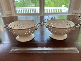 Lot Of 2 Vintage White Enamel Small Berry Colander Strainers