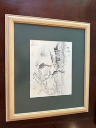 17x15 Beautiful Vintage Framed Matted Artist Signed Drawing Of Pelicans On Beach