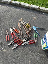 Assorted Bucket Of Cutters And Snips With A Rivet Gun