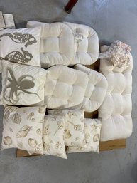 Outdoor Cushion Set With Very Pretty Throw Pillows, Bench Seat For Chairs, Round Tablecloth Cover