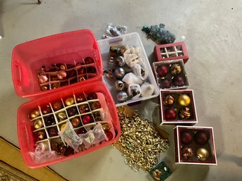 Huge Lot Of Over 100 Vintage And New Glass Christmas, Balls Ornaments, Garland, Plus 3 Storage Bins