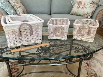 Lot Of 5 Baskets - 3 Nesting - Pink White Washed Shabby Chic Storage Baskets With Handles Wicker Rattan