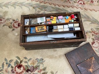 Large Antique Wood Box Filled With Sewing Supplies