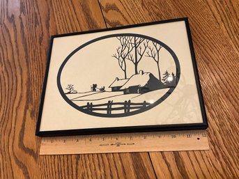 Antique Framed Paper Silhouette, Paper Cutting Pastoral Scene