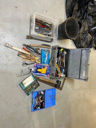 Mixed Lot Of Assorted Tools Chain Saw Files Soldering Iron All Kinds Of Neat Stuff With A Rubber Bucket