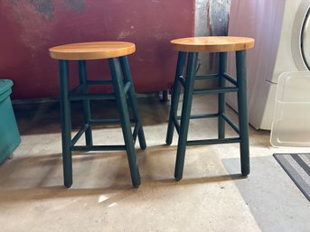 23 Inch Set Of 2 Green Base Wood Stool With Oak Natural Seat