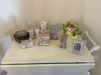 Table Lot CUTE Teapot Crystal Clock, Angel Bell Shabby Chic Trinket Box And More