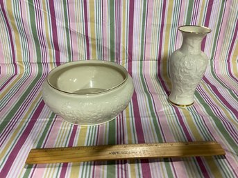 Lenox Ivory Hand Decorated With 24k Gold Flora Vase And Bowl