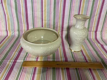 Lenox Ivory Hand Decorated With 24k Gold Flora Vase And Bowl