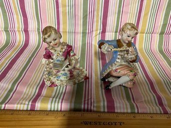 Vintage Wales Porcelain Victorian Figurines. Highly Detailed Boy With Flute And Girl With Rose Made In Japan