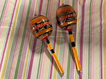 Vintage Set Of 2 Haitian Hand Painted Rumba Shakers Wood Gourd Maracas