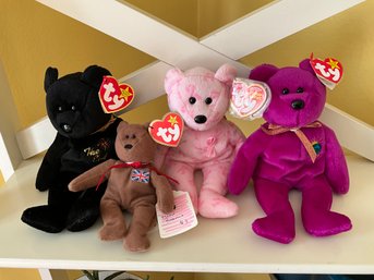 Lot Of 4 TY Beanie Babies Bears With Hang Tags One Is A Teenie Beanie Britannia Support Millennium The End
