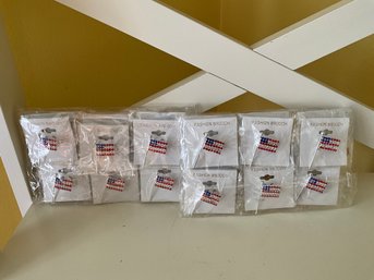 24 New American Flag Silver Tone, Fashion Pins Rhinestone Brooch - New On Cards - Wholesale Lot