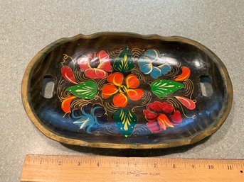 Vintage Mexican Batea Floral Hand Painted Wood Folk Art Bowl Oval Tray