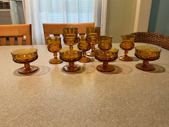 Lot Of Assorted Vintage Indiana Colony Amber Glassware Crown Footed Dessert Bowls Wine Glass Water Goblets