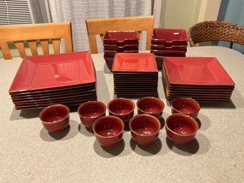 POTTERY BARN CHINA Paprika (Red) Asian Square 44 Pc Dinnerware Set Dishes Bowls Cups